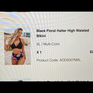 Black floral halter high wasted bikini